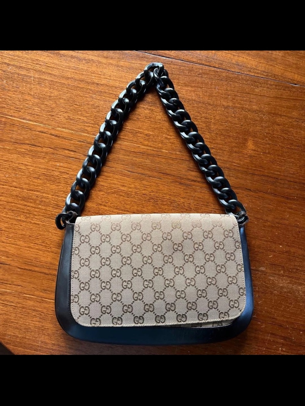 Gucci Beige GG Canvas Shoulder Bag with Black Trim